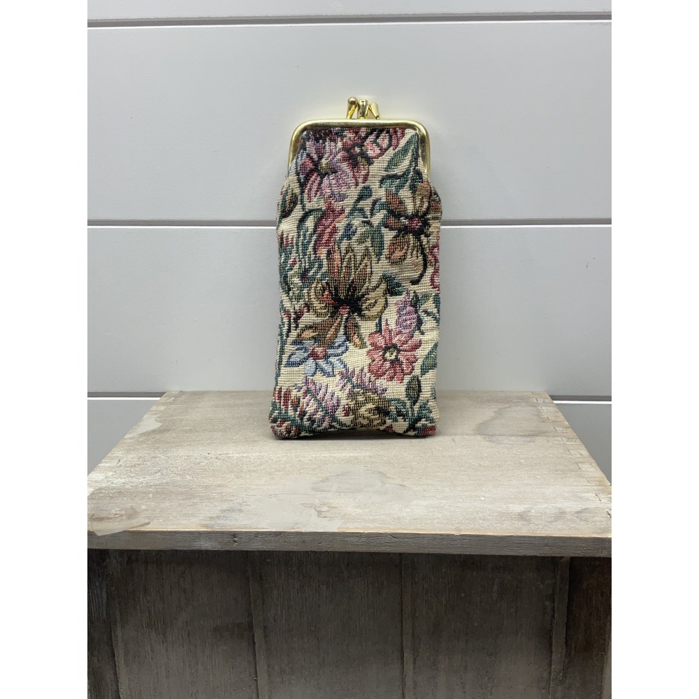 Vintage Floral Tapestry Eyeglass Case Double Kiss Lock Gold Frame Pouch